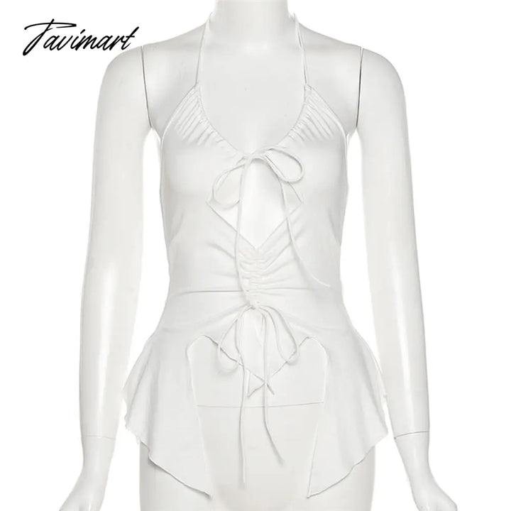 Tavimart 90S Aesthetic Camis Hollow Out Sexy Tie Front Up Ruffles Backless Crop Top Y2K Streetwear