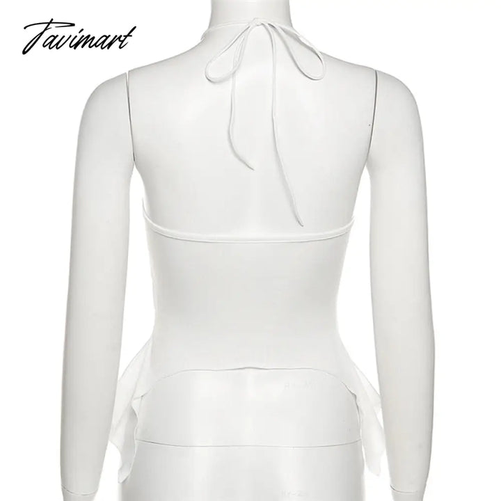 Tavimart 90S Aesthetic Camis Hollow Out Sexy Tie Front Up Ruffles Backless Crop Top Y2K Streetwear