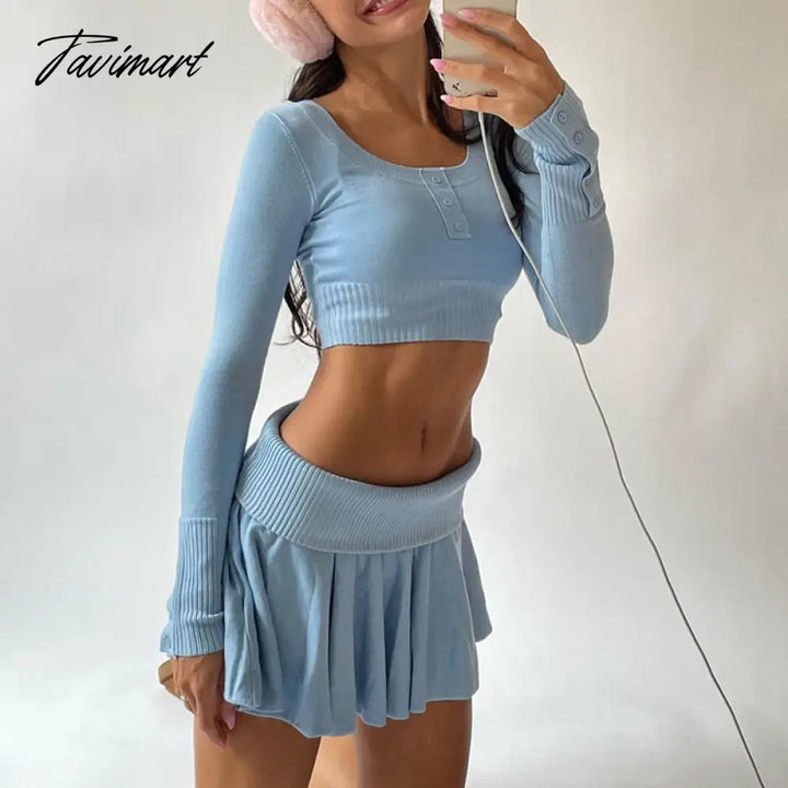 Tavimart 90S Vintage Knitted 2 Piece Set Chic Women Button O Neck Long Sleeve Crop Top T - Shirt +