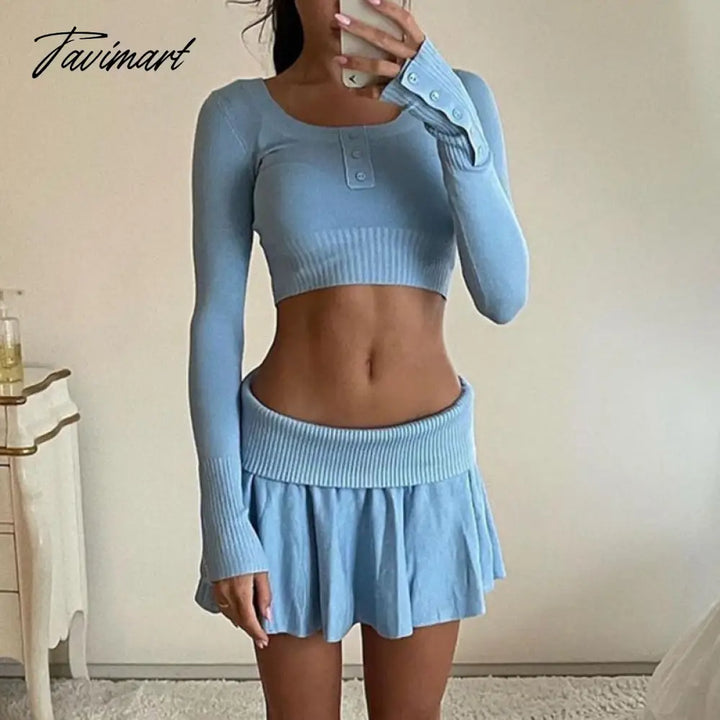 Tavimart 90S Vintage Knitted 2 Piece Set Chic Women Button O Neck Long Sleeve Crop Top T - Shirt +