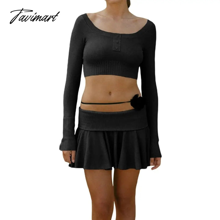 Tavimart 90S Vintage Knitted 2 Piece Set Chic Women Button O Neck Long Sleeve Crop Top T - Shirt +