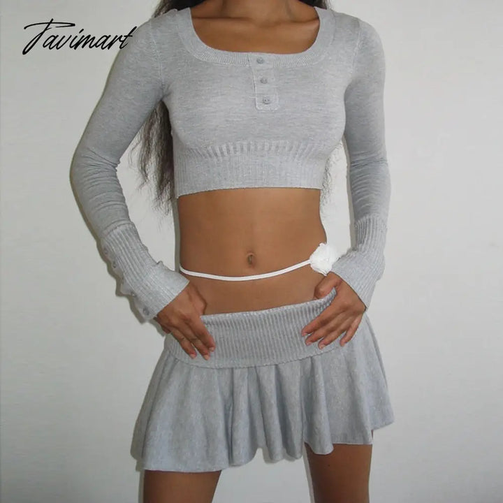 Tavimart 90S Vintage Knitted 2 Piece Set Chic Women Button O Neck Long Sleeve Crop Top T - Shirt +