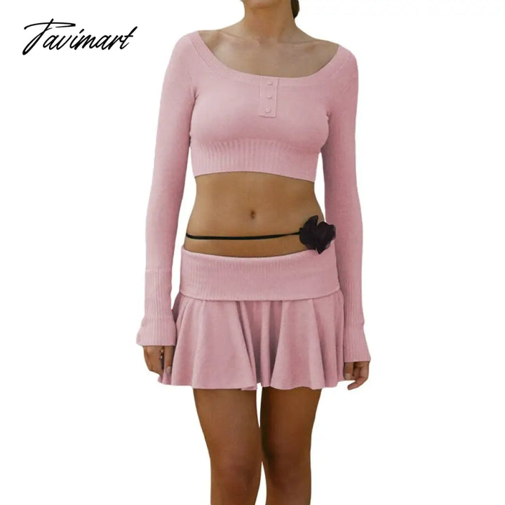 Tavimart 90S Vintage Knitted 2 Piece Set Chic Women Button O Neck Long Sleeve Crop Top T - Shirt +