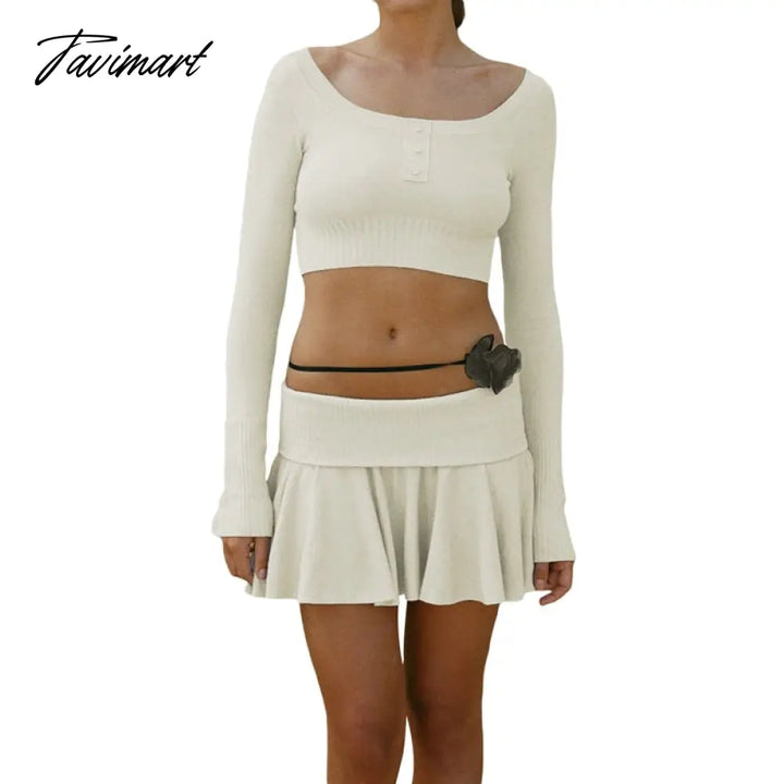 Tavimart 90S Vintage Knitted 2 Piece Set Chic Women Button O Neck Long Sleeve Crop Top T - Shirt +