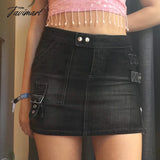 Tavimart 90S Y2K Denim Skirt With Buckle Side Zip Fitted Low Waist Micro Mini Women Emo Girl Grunge