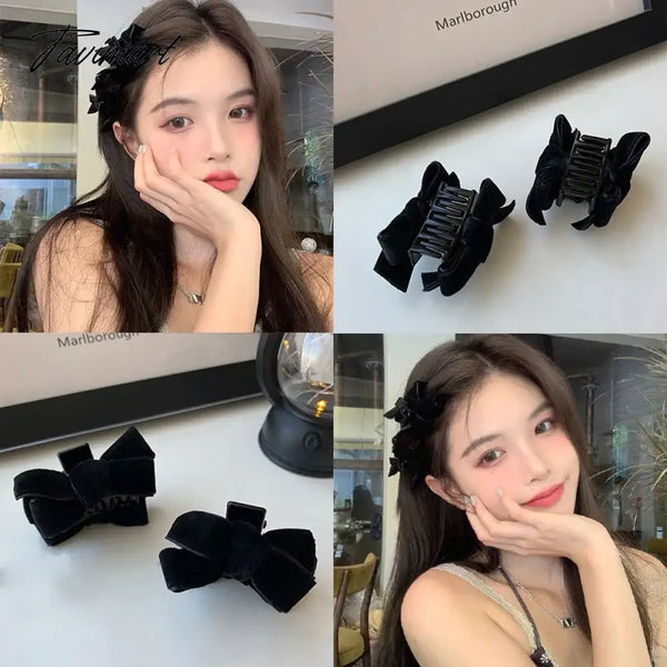 Tavimart - A Pair Black Velvet Bow Trumpet Side Bangs Hairpin Female Summer Princess Head Grab Clip