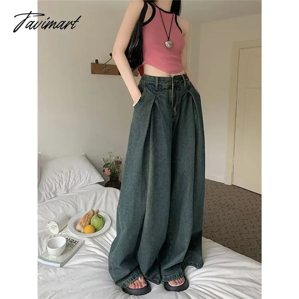 Tavimart American Retro High Waist Wide Leg Jeans For Women Fashion Street Loose Mopping Pants