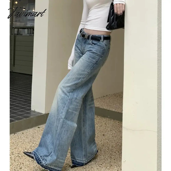 Tavimart American Retro Rough Selvage Washed Casual Jeans Women 2024 Spring New Low - Waisted Loose