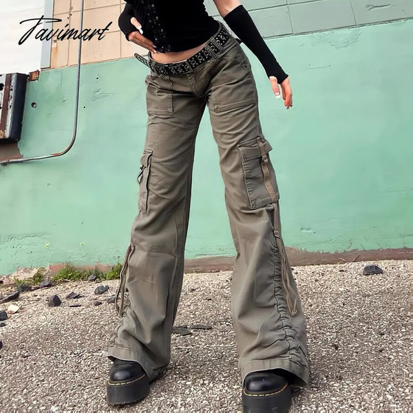 Tavimart American Style Green Cargo Pants Women Vintage 90S Fashion Pocket Low Rise Jeans Y2K