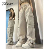 Tavimart American Y2K White Vintage Cargo Jeans Fashion Pocket High Waist Straight Pants Street
