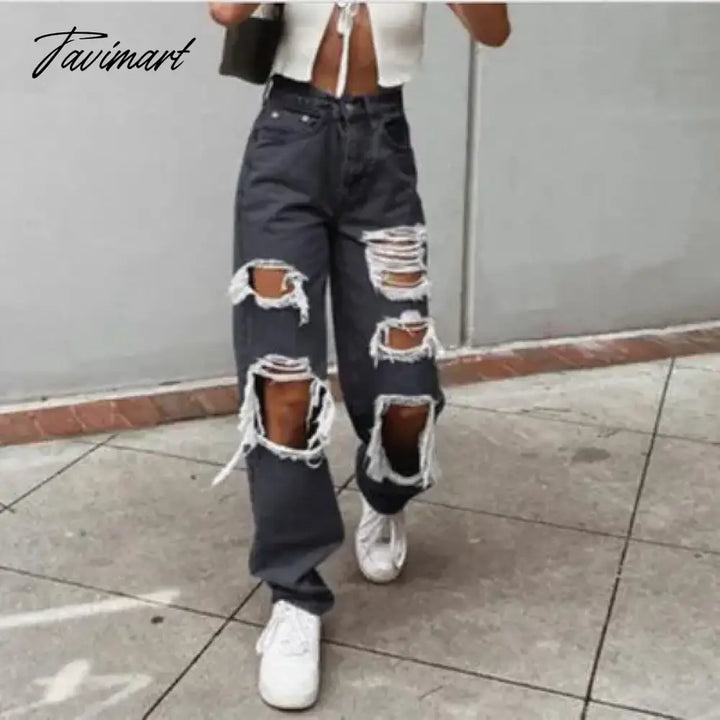 Tavimart Autumn Black Women Cowboy Striped Patchwork Jeans Street Casual Hip Hop High Waist Loose