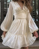 Tavimart Autumn Female Solid Color V Neck Long Sleeve Mini Fairy Dresses Summer Women Elegant Short