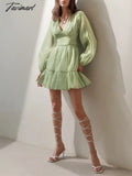 Tavimart Autumn Female Solid Color V Neck Long Sleeve Mini Fairy Dresses Summer Women Elegant Short