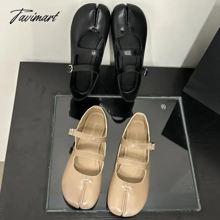 Tavimart - Autumn French Style Pu Tabi Ninja Moccasins Round Split Toe Shallow Women Single Shoes