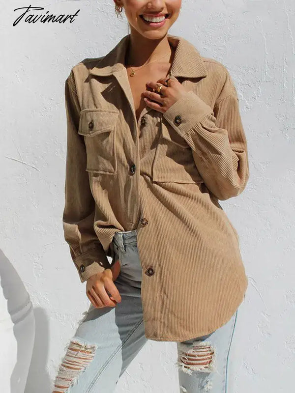 Tavimart Autumn Long Corduroy Jacket Women Loose Coat Winter Overshirt Button Up Shirt Jackets For