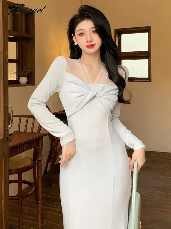 Tavimart Autumn New French Women Elegant Long Sleeve Midi Lady Fashion Mermaid Dresses For Party