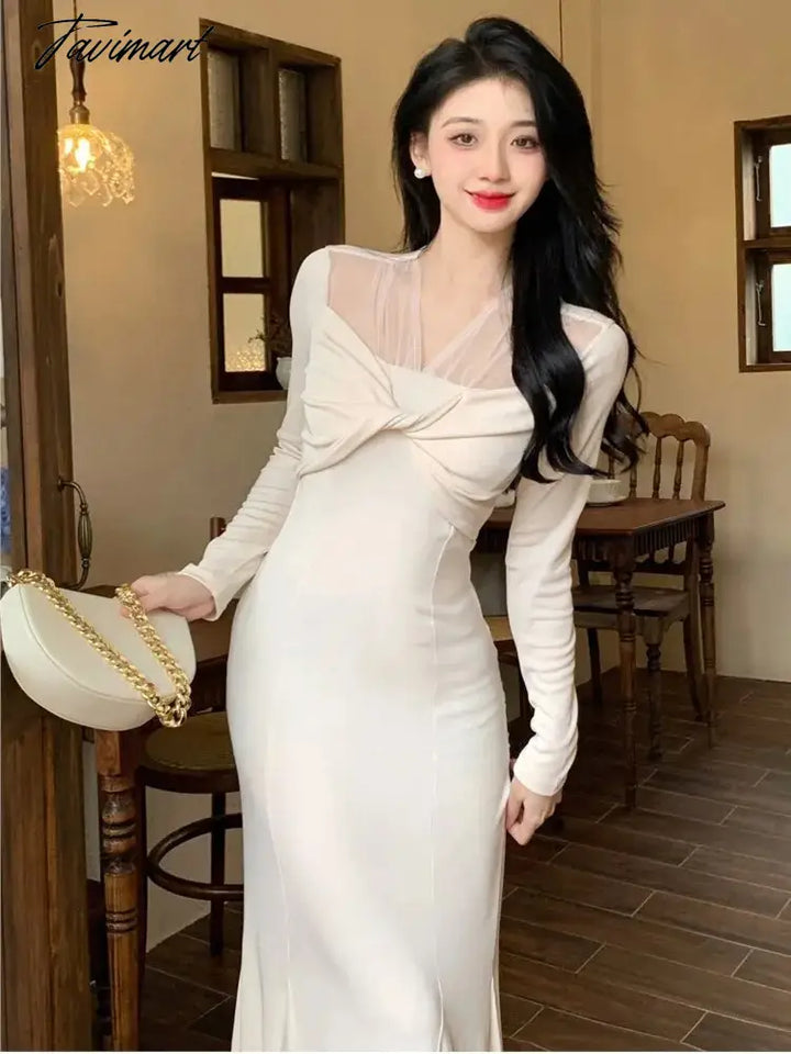 Tavimart Autumn New French Women Elegant Long Sleeve Midi Lady Fashion Mermaid Dresses For Party