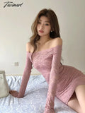 Tavimart - Autumn Pink Sexy Club Off Shoulder Long Sleeves Package Hip Lace Mini Dress Women Blue