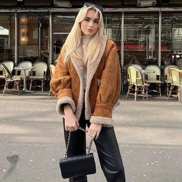 Tavimart Autumn Retro Suede Long Sleeves Warm Coats Women New Loose Solid Color Jackets Streetwear