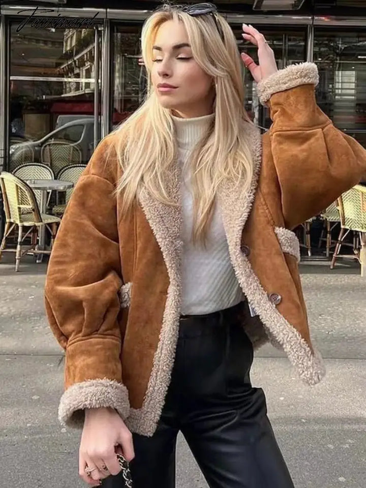 Tavimart Autumn Retro Suede Long Sleeves Warm Coats Women New Loose Solid Color Jackets Streetwear