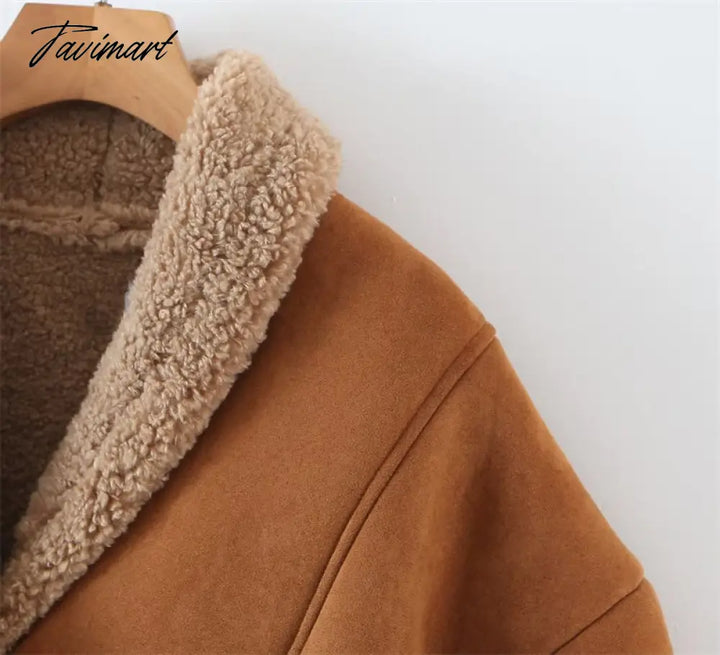 Tavimart Autumn Retro Suede Long Sleeves Warm Coats Women New Loose Solid Color Jackets Streetwear