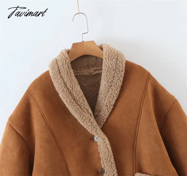 Tavimart Autumn Retro Suede Long Sleeves Warm Coats Women New Loose Solid Color Jackets Streetwear