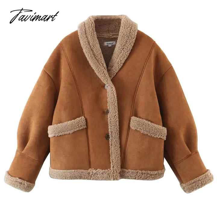 Tavimart Autumn Retro Suede Long Sleeves Warm Coats Women New Loose Solid Color Jackets Streetwear