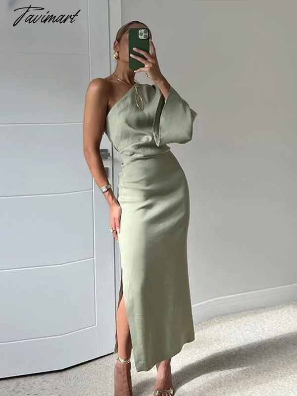 Tavimart Autumn Sexy One Shoulder Long Sleeve Linen Blending Dresses Elegant Backless Slit Bodycon