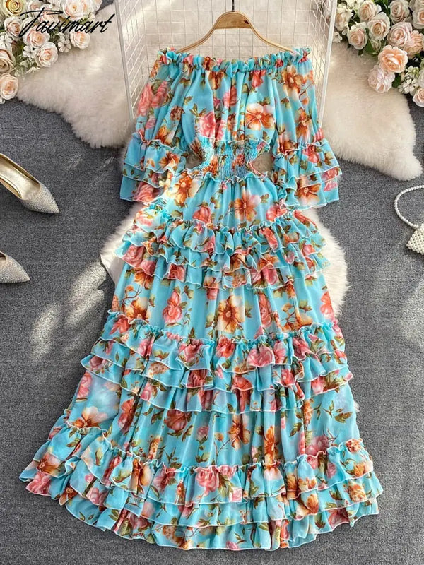 Tavimart Autumn Vintage Floral Ruffle Chiffon Long Dress Women Sexy Slash Neck Off Shoulder Flare