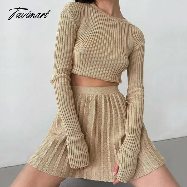 Tavimart Autumn Winter Green Knitted Skirt 2 Pieces Sets Women Suits Long Sleeve Slim Crop Top