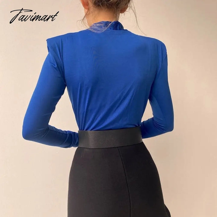 Tavimart Autumn Winter Ladies Elegant Shoulder Padded Bodysuit Top Bodycon Sexy V Neck Long Sleeve