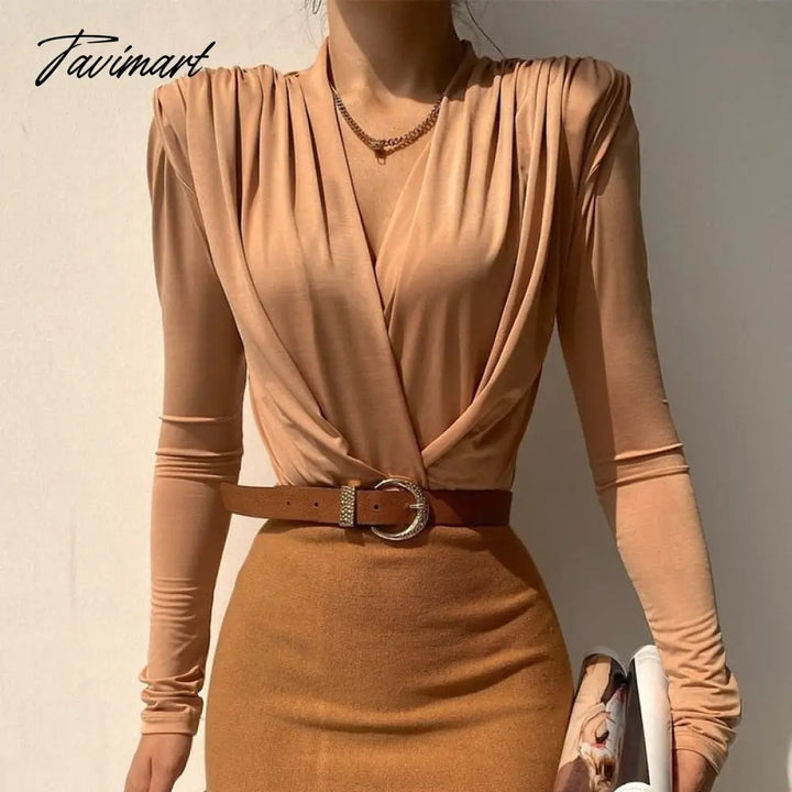 Tavimart Autumn Winter Ladies Elegant Shoulder Padded Bodysuit Top Bodycon Sexy V Neck Long Sleeve