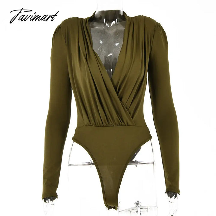 Tavimart Autumn Winter Ladies Elegant Shoulder Padded Bodysuit Top Bodycon Sexy V Neck Long Sleeve