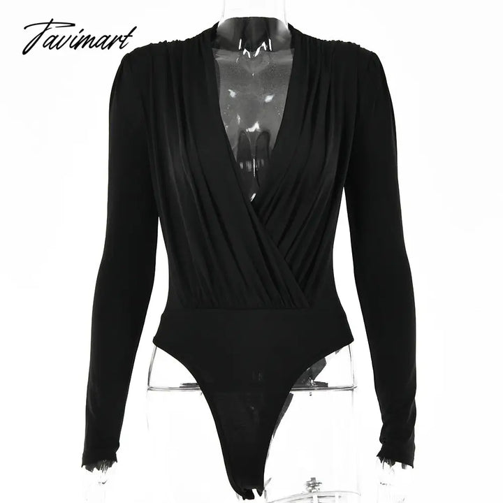 Tavimart Autumn Winter Ladies Elegant Shoulder Padded Bodysuit Top Bodycon Sexy V Neck Long Sleeve