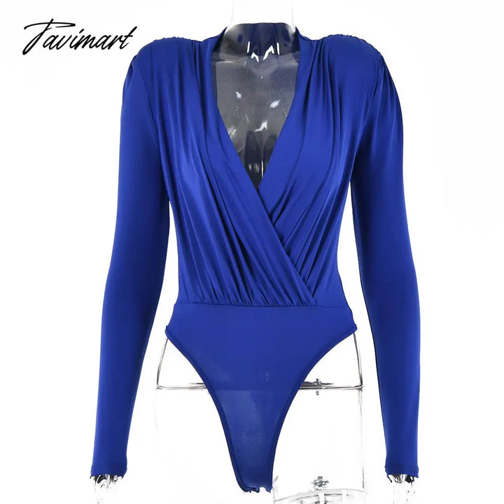 Tavimart Autumn Winter Ladies Elegant Shoulder Padded Bodysuit Top Bodycon Sexy V Neck Long Sleeve