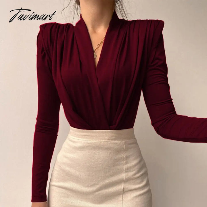 Tavimart Autumn Winter Ladies Elegant Shoulder Padded Bodysuit Top Bodycon Sexy V Neck Long Sleeve