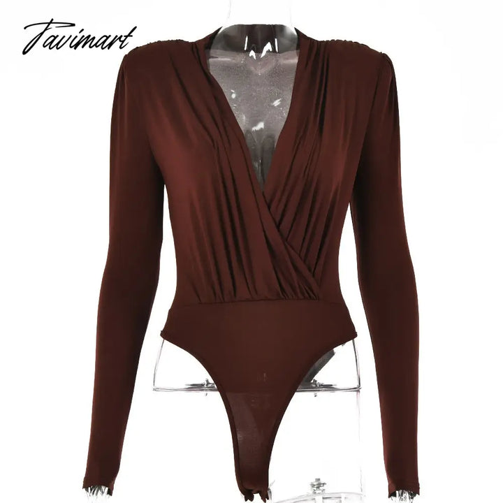 Tavimart Autumn Winter Ladies Elegant Shoulder Padded Bodysuit Top Bodycon Sexy V Neck Long Sleeve