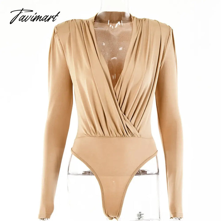 Tavimart Autumn Winter Ladies Elegant Shoulder Padded Bodysuit Top Bodycon Sexy V Neck Long Sleeve