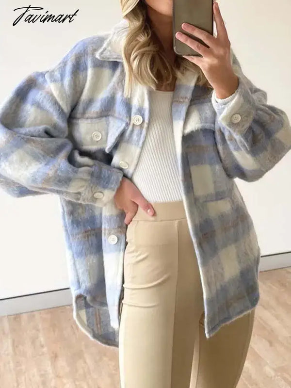 Tavimart Autumn Winter Plaid Coat Women Thick Warm Checkered Jacket Coats Female Plush Loose