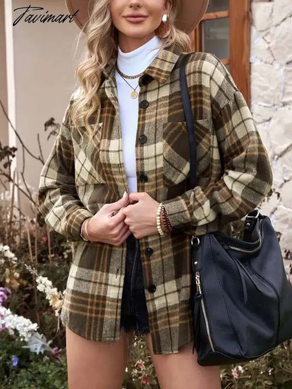 Tavimart Autumn Winter Plaid Jacket Women Button Shirt Coat Ladies Overshirt Loose Checkered