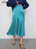 Tavimart Autumn Winter Women Elegant Satin Midi Skirts Solid High Waist Flare A-line Skirt For Women Female