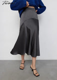 Tavimart Autumn Winter Women Elegant Satin Midi Skirts Solid High Waist Flare A - Line Skirt For