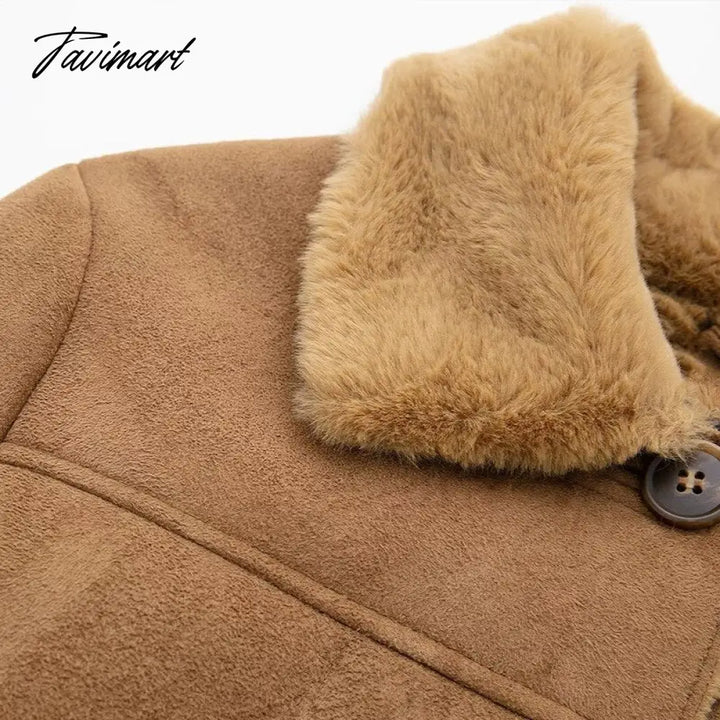 Tavimart Autumn Winter Women Fake Faux Fur Brown Jacket Ladies Single Breasted Bottons Leather Coat