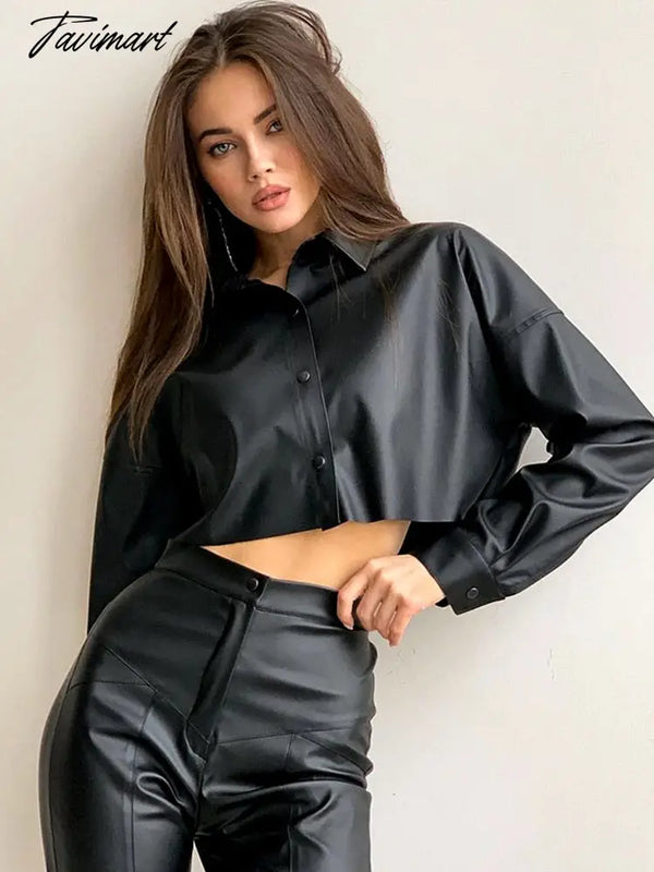 Tavimart Autumn Winter Women Long Sleeve Solid Black Ladies Short Crop Leather Blouse Shirt For