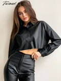 Tavimart Autumn Winter Women Long Sleeve Solid Black Ladies Short Crop Leather Blouse Shirt For Woman Female