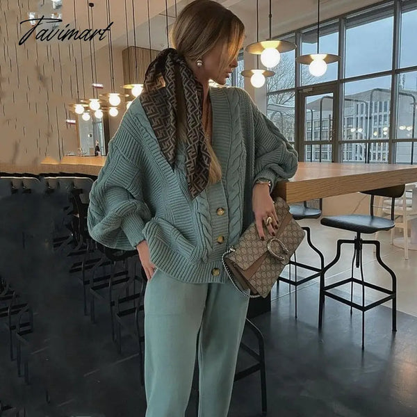 Tavimart Autumn Winter Women’s Knitted Pant Suit Lady Long Sleeve V Neck Solid Color Cardigan