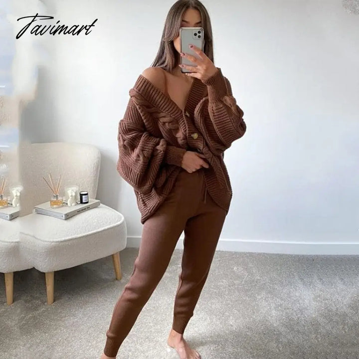 Tavimart Autumn Winter Women’s Knitted Pant Suit Lady Long Sleeve V Neck Solid Color Cardigan
