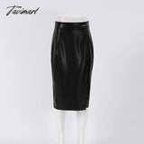 Tavimart Autumn Winter Women Sexy Midi Leather Skirts Solid Black High Waist Office Pencil Slit