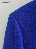 Tavimart Autumn Women Blue Lapel Double - Breasted Long Suit Jacket + Textured Skirt Fashion