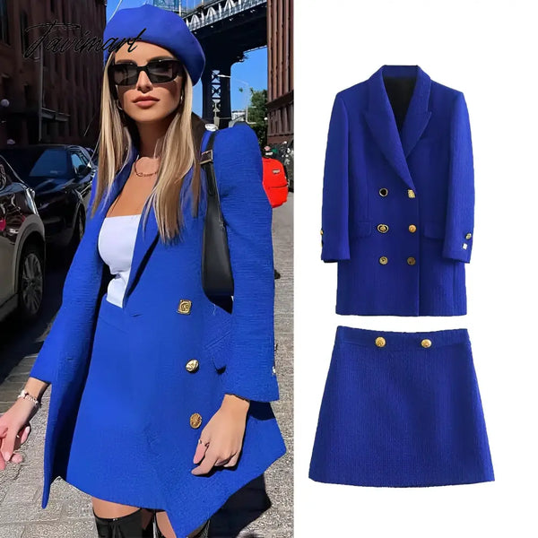 Tavimart Autumn Women Blue Lapel Double - Breasted Long Suit Jacket + Textured Skirt Fashion